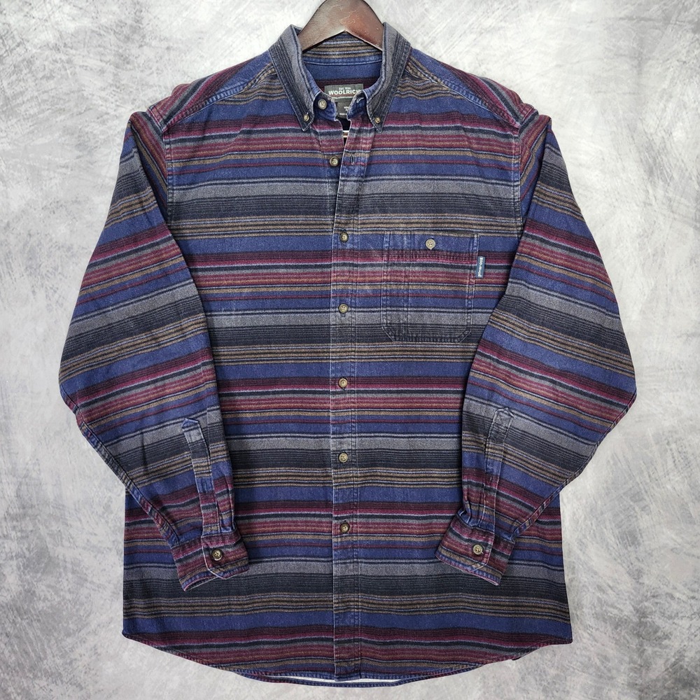Vintage 90s Woolrich Aztec Denim Blanket Stripe Flannel Shirt Mens XL 6579
